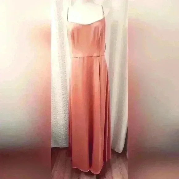 David's Bridal Long Satin Spaghetti Strap Dress Coral Peach Size 10(D5.22.10) - Picture 2 of 8